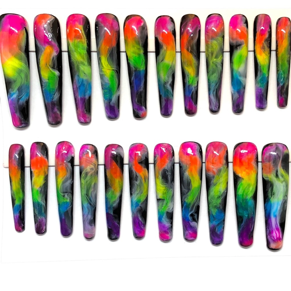 Custom Handmade Set of 22 Press On Nails 2X Long Coffin Shape Black & Ne… - Picture 3 of 9